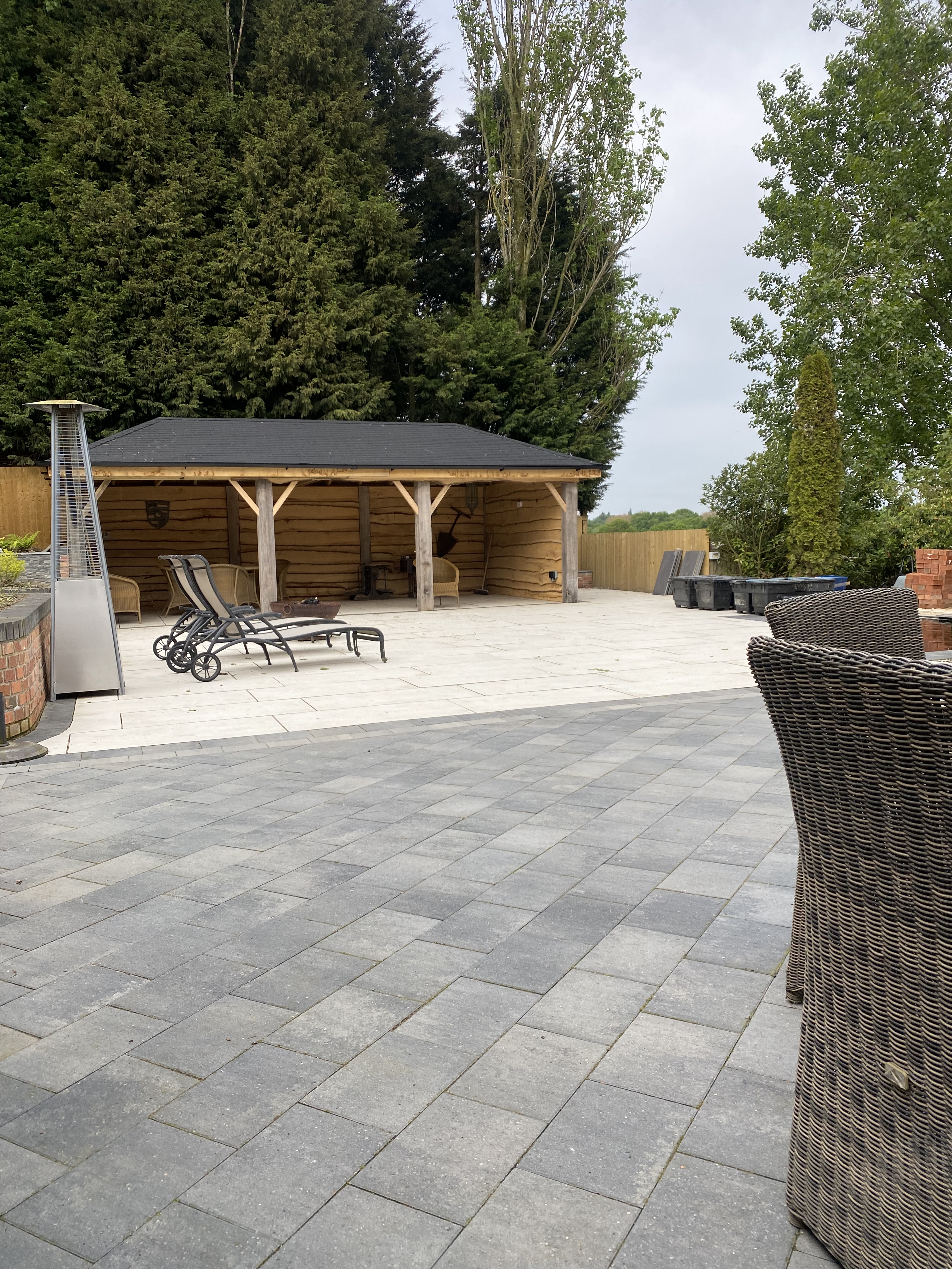 Outdoor patio with seating and shelter